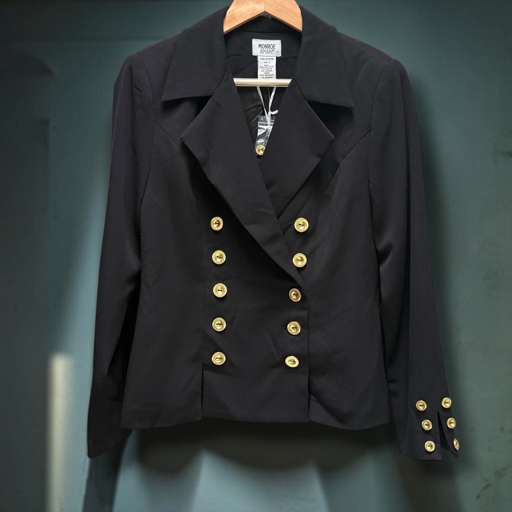 Monroe & Main Womens Black Double Breasted Blazer Gold Buttons Size 6 NWT